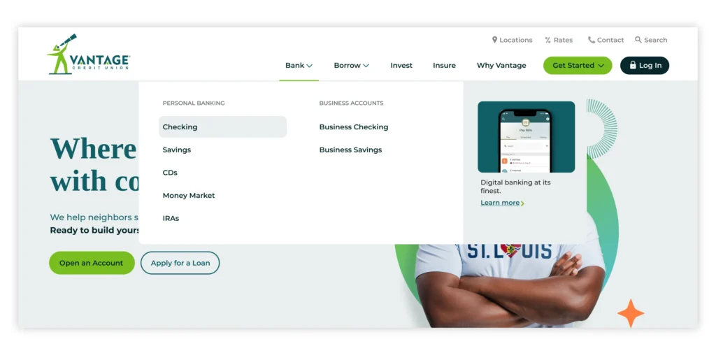 Vantage Credit Union website navigation mega menu showing personal and business banking account options