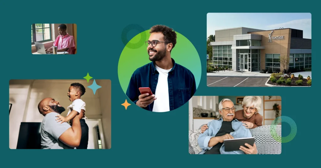 Collage of Vantage Credit Union brand photography showing members banking on their phones and laptops, a branch exterior and families at home
