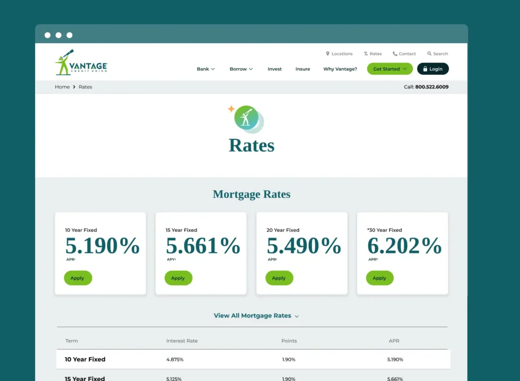 Vantage Credit Union rates page displaying current mortgage rate options and APRs