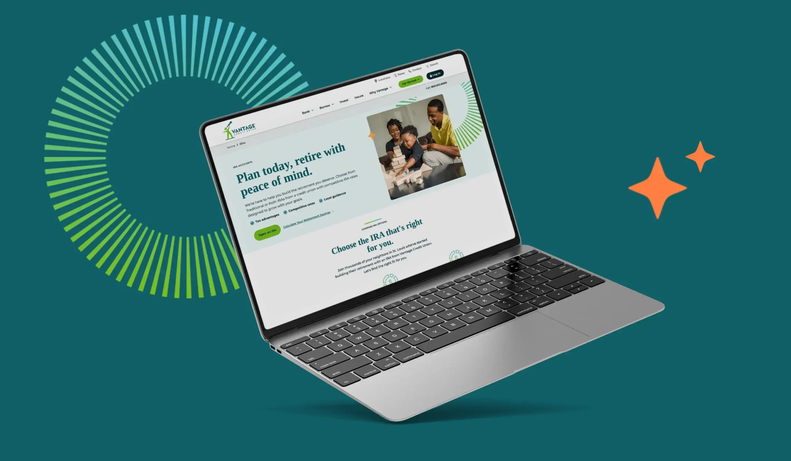 Vantage Credit Union IRA retirement planning page displayed on a laptop screen