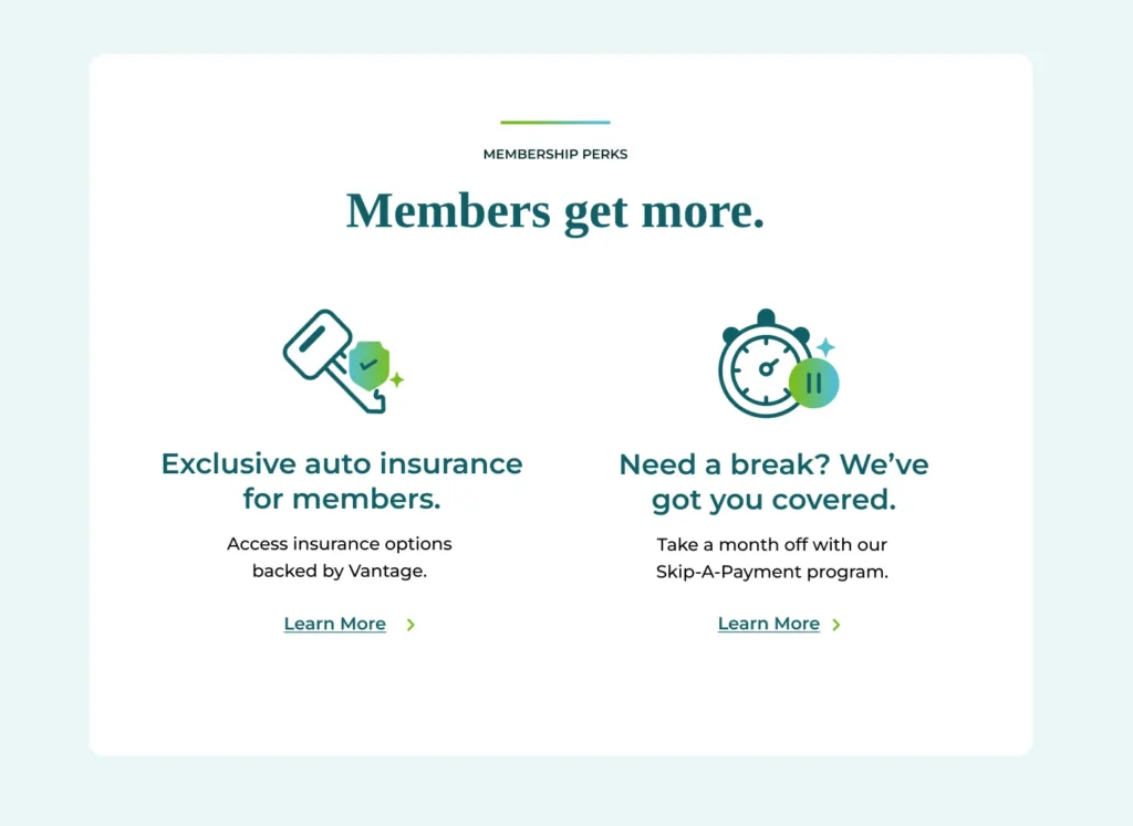 Vantage Credit Union membership perks section highlighting exclusive auto insurance and Skip-A-Payment benefits