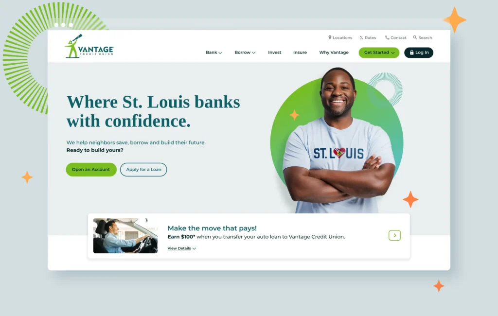 Vantage Credit Union website homepage with the headline “Where St. Louis banks with confidence” next to a smiling member wearing a St. Louis t-shirt