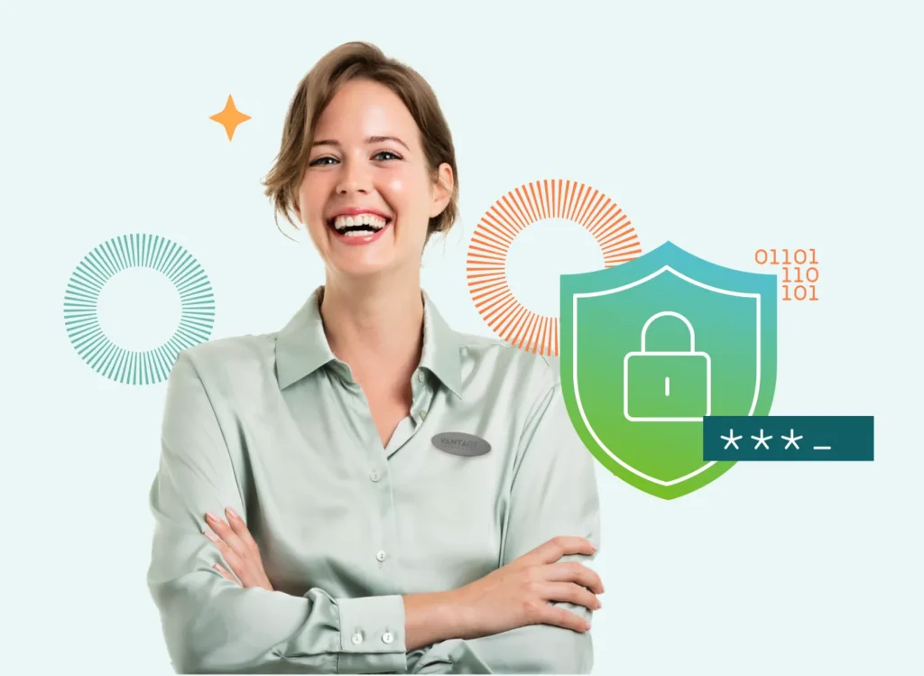 Smiling Vantage Credit Union employee paired with a security shield graphic representing the credit union's expanded brand iconography