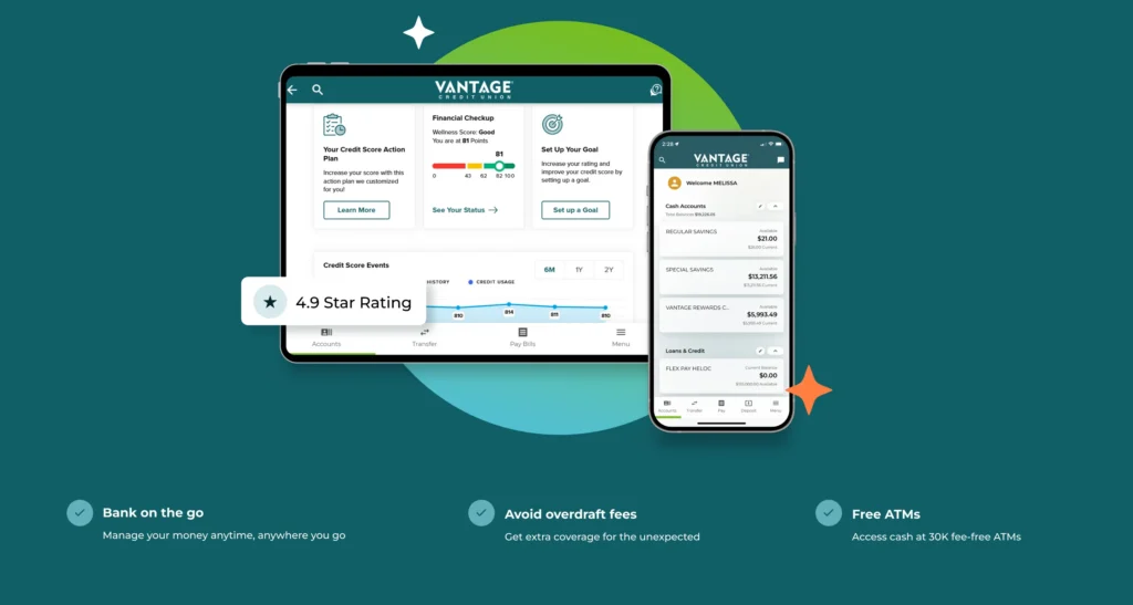 Vantage Credit Union digital banking dashboard shown on a tablet and smartphone, displaying account balances and a credit score action plan
