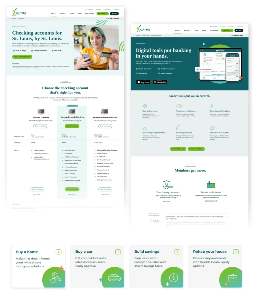 Vantage Credit Union checking account comparison page and digital banking features page shown side by side