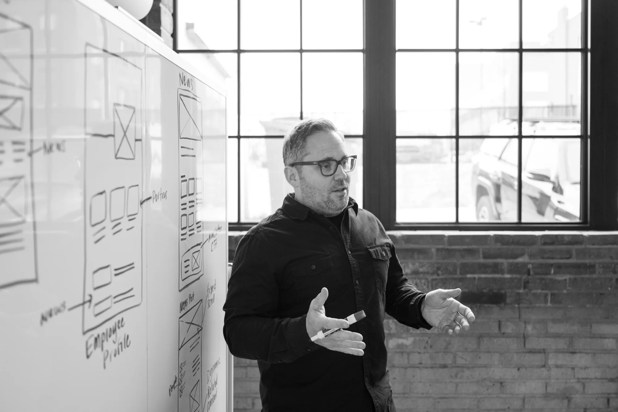 Atomicdust strategist leading whiteboard wireframing session