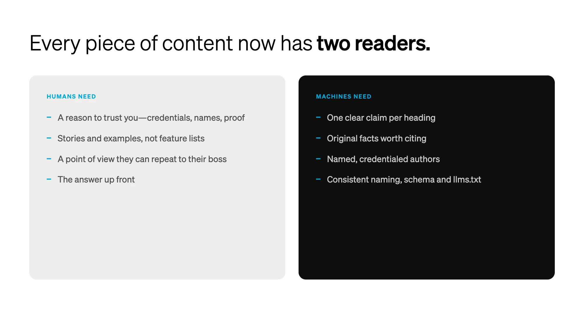 Diagram comparing what human readers and AI machine readers need from healthcare content
