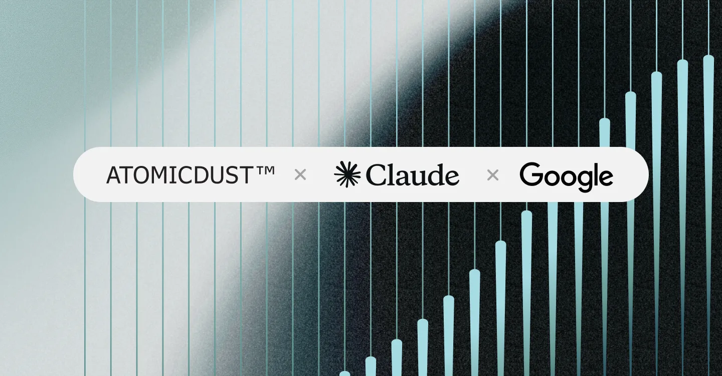 Atomicdust, Claude and Google in a search pill above a rising bar chart showing SEO ranking gains