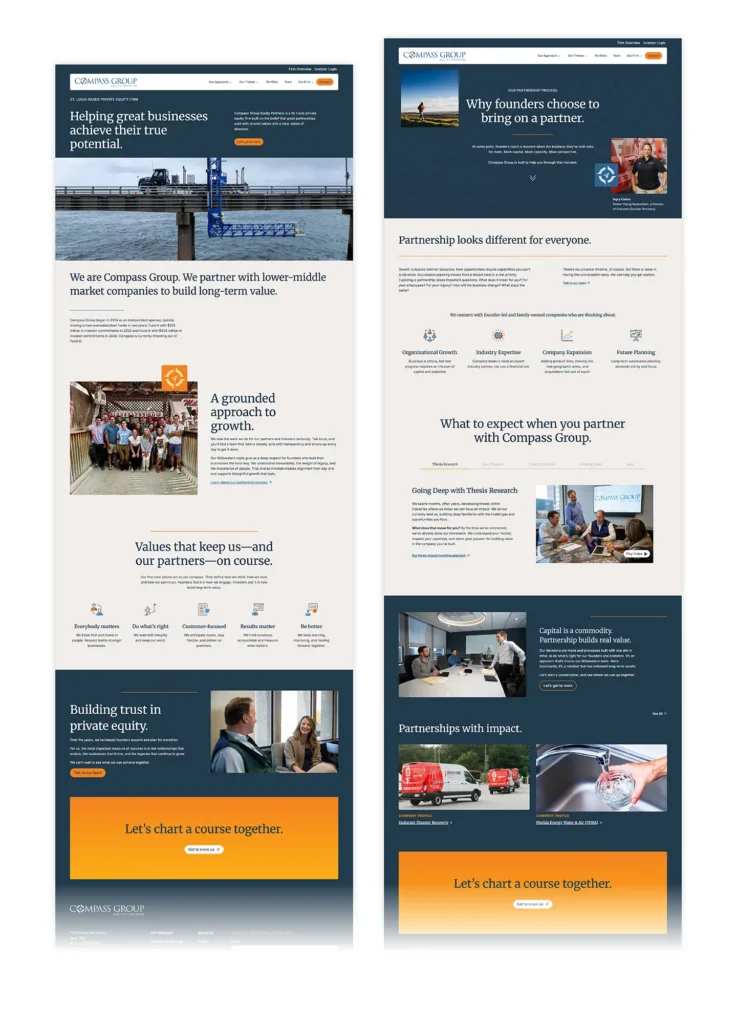 Full page layouts for Compass Group Equity Partners