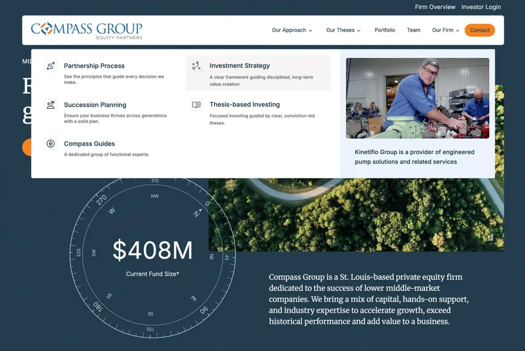 The main navigation design for the Compass Group Equity Partners website design