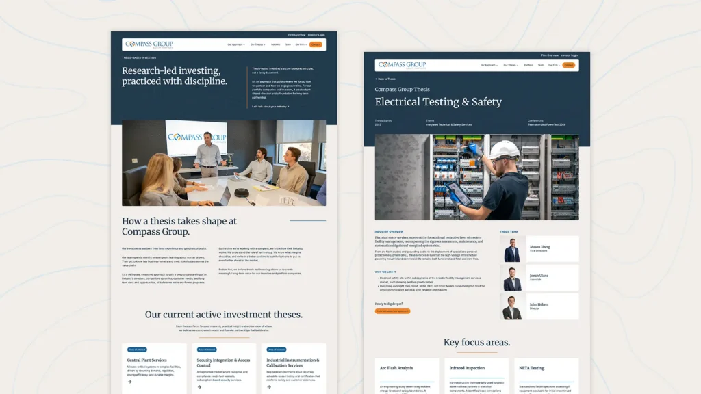 Pages from the private equity website design project for Compass Group Equity Partners