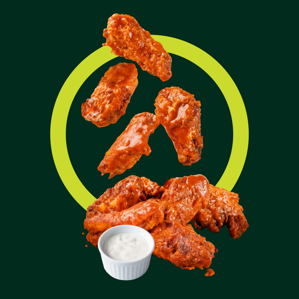 Chicken wings framed by the CORE circle graphic