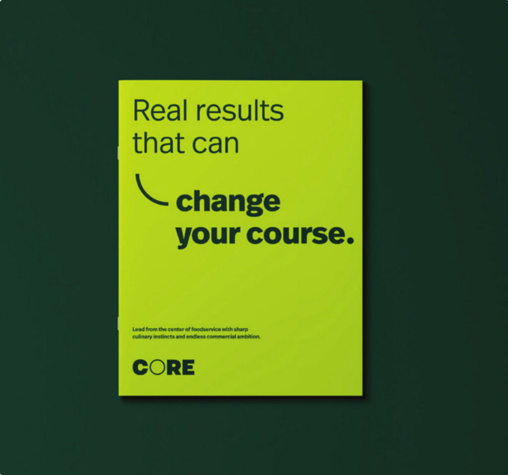 CORE sales brochure with the tagline "Real results that can change your course" and the new brand identity for the sales agency