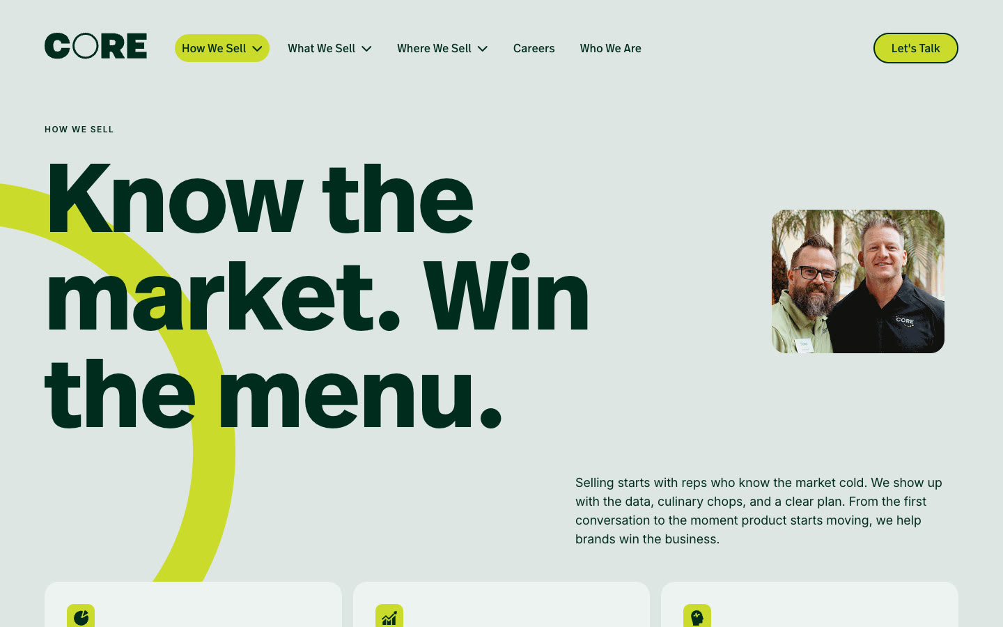 The “How We Sell” page from the CORE website, with the headline “Know the market. Win the menu.”