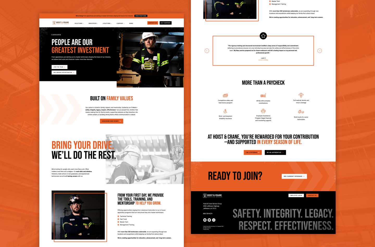 Hoist & Crane careers page layouts headlined "People are our greatest investment," with training program, benefits and "Ready to join?" sections above a footer listing the 5 Marks