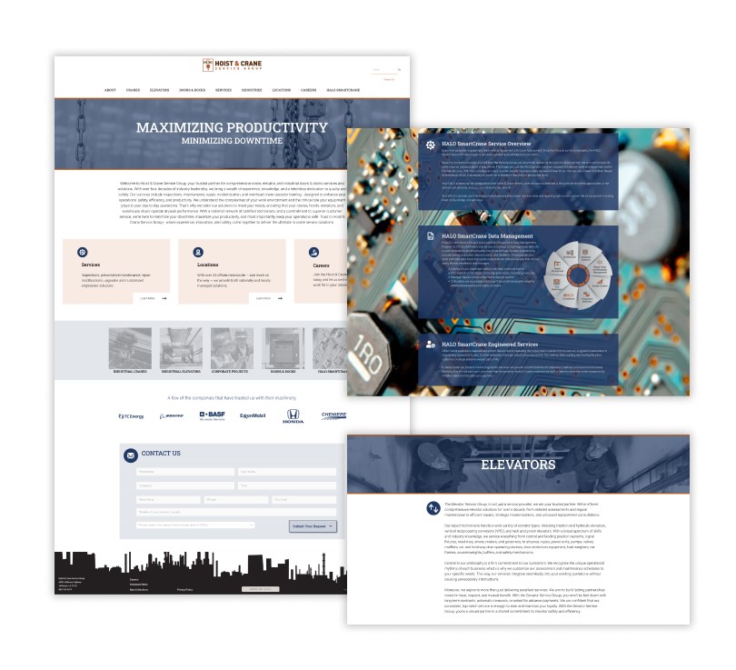 Pages from Hoist & Crane Service Group's previous website, including a dense homepage and text-heavy elevators and HALO SmartCrane pages