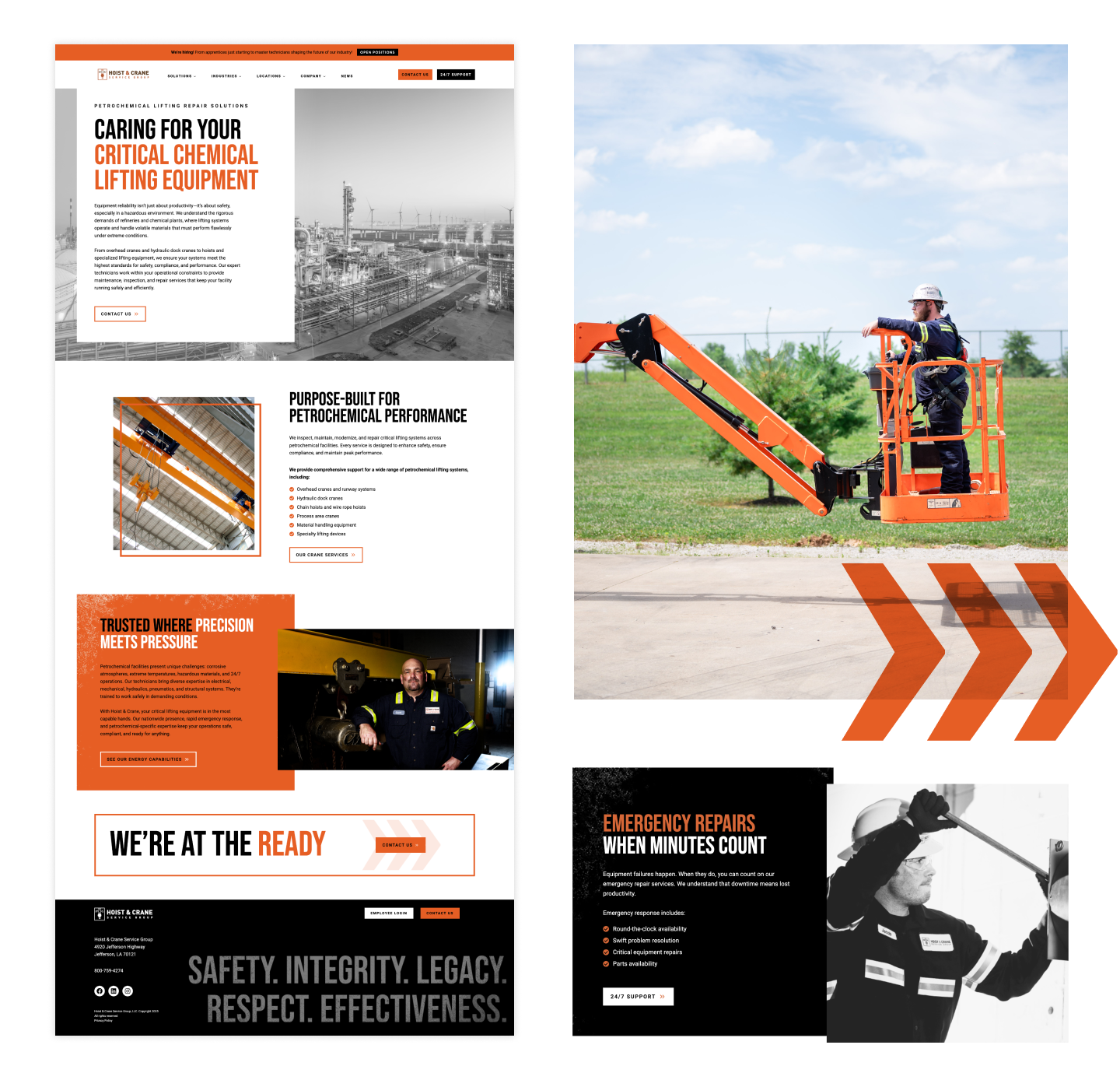 Hoist & Crane petrochemical industry page layout alongside an emergency repairs section and a technician working from an orange aerial lift