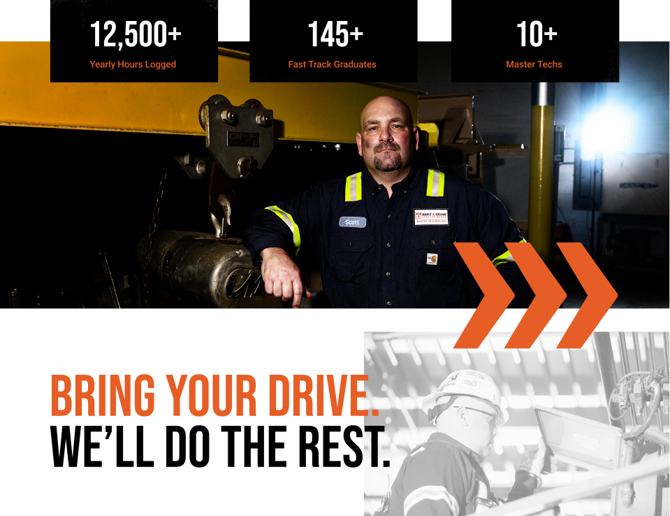 Hoist & Crane website stat blocks reading 12,500+ yearly hours logged, 145+ fast track graduates and 10+ master techs, with the recruiting headline "Bring your drive. We'll do the rest."