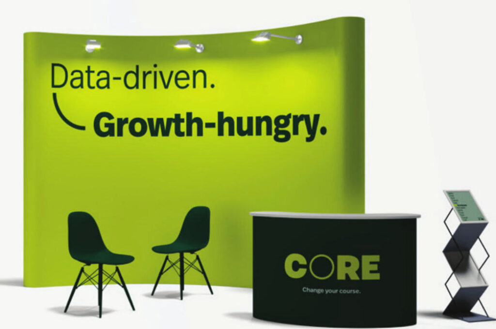 CORE trade show booth with the headline "Data-driven. Growth-hungry."