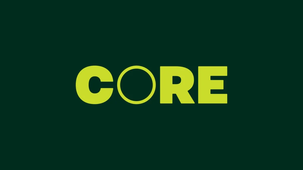 CORE logo in Zest green on a dark Forest green background