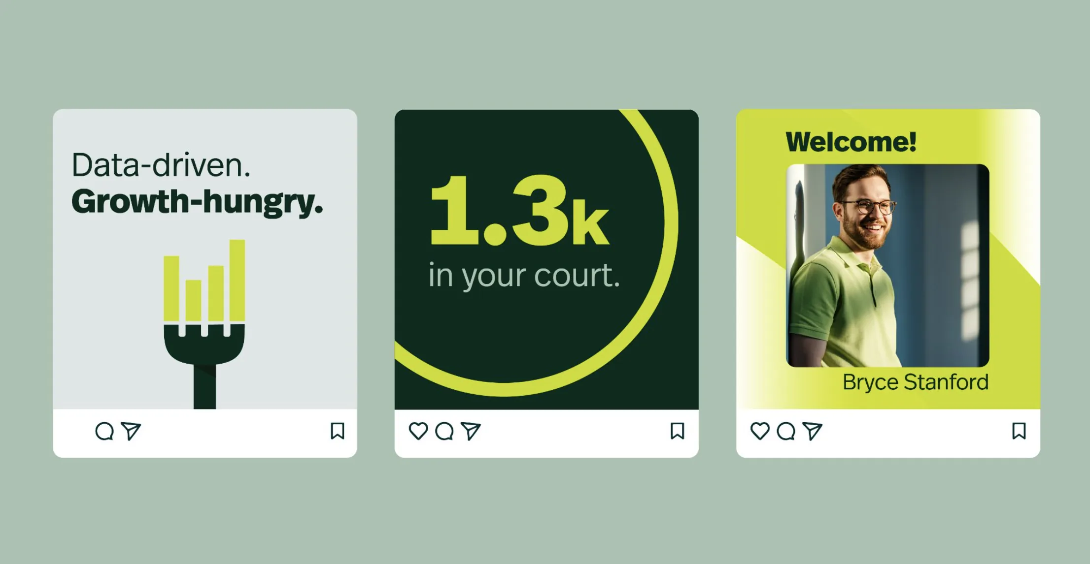 Three CORE social media posts featuring the sales agency's new brand identity