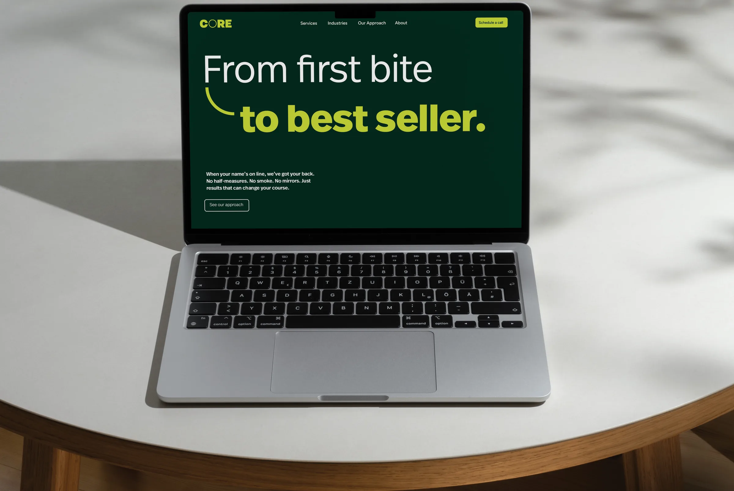 CORE website homepage on a laptop with the headline “From first bite to best seller.”